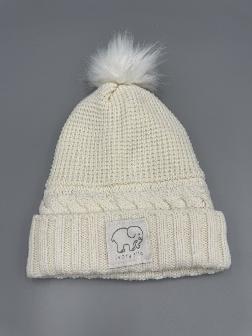 Ivory Ella Knit Winter Hat Beanie Pom Pom